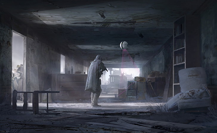 man holding weapon gameplay application screenshot, digital art, artwork, ruin, futuristic, apocalyptic, building, HD wallpaper