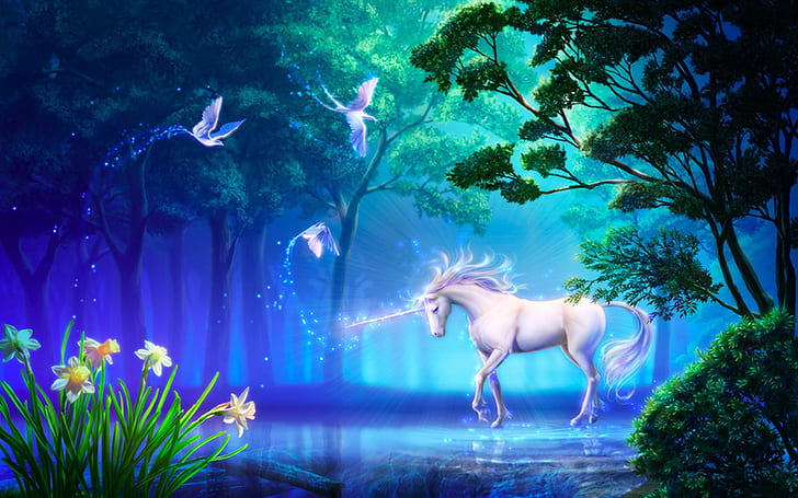Beautiful Unicorn in Forest Fantasy Computer Обои для рабочего стола HD 2560 × 1600, HD обои