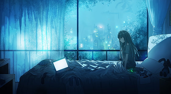 компьютер, ночь, шторы, кровать, огни города, светящиеся, аниме девушки, грустно, голубой, HD обои HD wallpaper