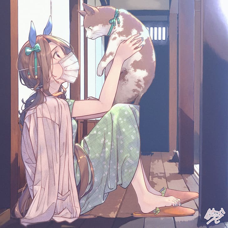 Uma Musume Pretty Derby, long hair, face mask, blushing, anime girls, blue nails, red eyes, women indoors, sitting, green dress, arms up, King Halo (Uma Musume), animal ears, casual, pink t-shirt, barefoot, painted toenails, anime, women with cat, 2D, brunette, tail, pigtails, side view, hair ribbon, slippers, solo, fan art, artwork, horse girls, HD wallpaper