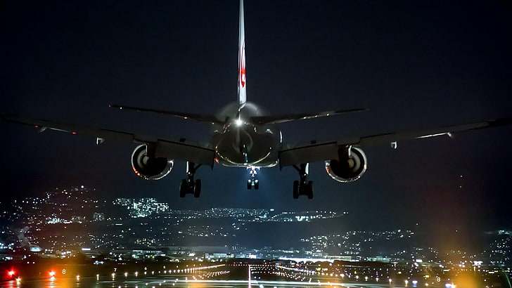 airplane, night, flight, airline, air travel, aviation, airliner, sky, landing, aircraft, airbus, HD wallpaper