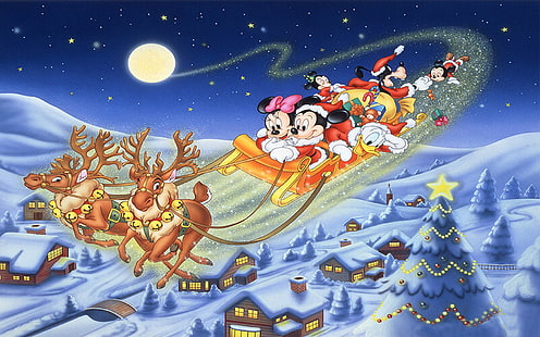 Merry Christmas Mickey Mouse And Friends Sledge Deer Gifts Disney Greeting Card 1920×1200, HD wallpaper HD wallpaper