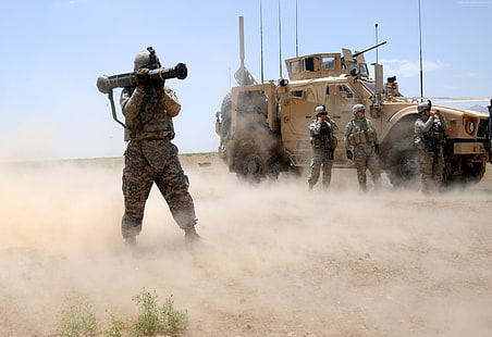 rocket launcher, vehicle, firing, APC, AFV, soldier, AAV, desert, sand, HD wallpaper HD wallpaper