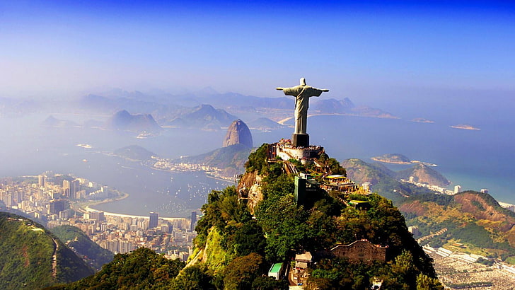 планински пейзажи, чудеса на света, хълм, въздушна фотография, дърво, туризъм, исторически, хълм станция, Корковадо, планина, Христос Изкупителят, небе, планински форми на релефа, туристическа атракция, забележителност, град, Христос, статуя, Рио де Жанейро, HD тапет