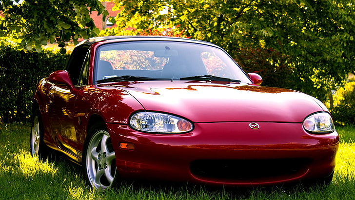 red Mazda car, mx5, Mazda, grass, trees, MX-5, miata, Mazda MX-5, HD wallpaper