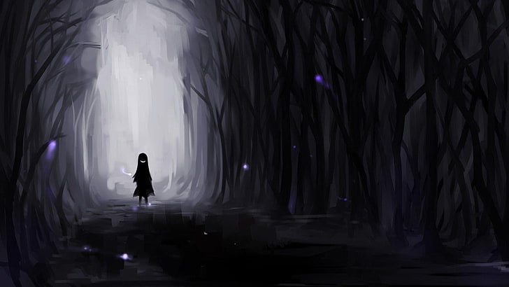 person standing in between trees painting, anime, dark, wood, artwork, HD wallpaper