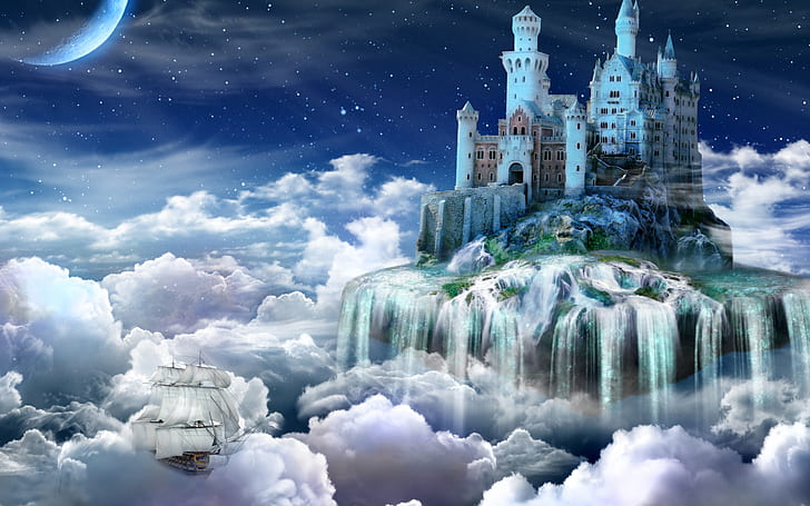 art, boat, CG, clouds, digital, dream, fantasy, island, Islands, Magic, manipulation, Moon, ship, sky, stars, tower, vehicles, waterfall, HD wallpaper
