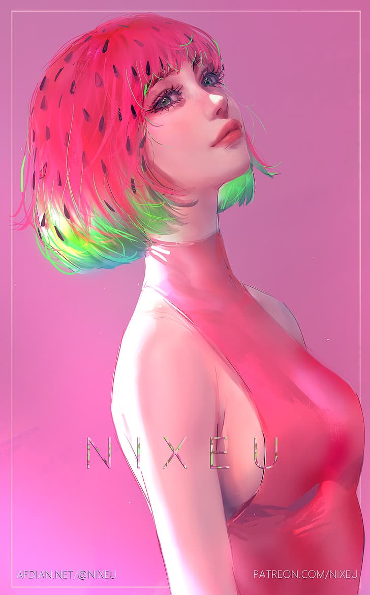 Nixeu, drawing, women, dyed hair, colorful, looking up, pink, watermelons, HD wallpaper
