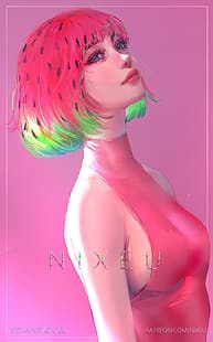 Nixeu, teckning, kvinnor, färgat hår, färgglatt, tittar upp, rosa, vattenmeloner, HD tapet HD wallpaper