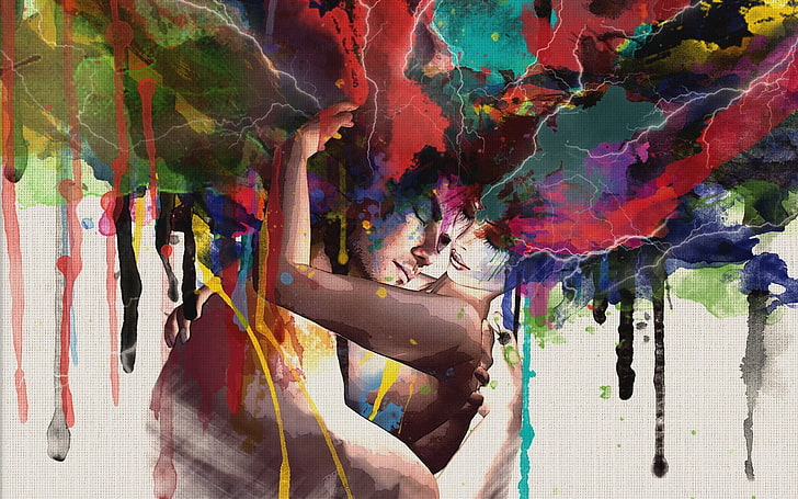 mężczyzna i kobieta obejmujący malowanie, para, przytulanie, malowanie, kolorowe, olejowane, Tapety HD