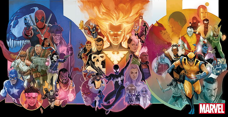 コミック、マーベルコミック、ベータレイビル、ビショップ（マーベルコミック）、ブラックウィドウ、ケーブル（マーベルコミック）、キャプテンアメリカ、クローク（クロークとダガー）、コロッサス、ダガー（クロークとダガー）、デアデビル、デッドプール、ドクターストレンジ、Elektra（マーベルコミック）、Gambit、Iron Fist、Iron Man、Jubilee（マーベルコミック）、Kitty Pryde、Luke Cage、Nightcrawler（マーベルコミック）、Phoenix（マーベルコミック）、Punisher、Scarlet Witch、Storm（マーベルコミック）、Venom、ビジョン（マーベルコミック）、ウォーマシン、ウォーパス（マーベルコミック）、ウルヴァリン、ヨンドゥウドンタ、 HDデスクトップの壁紙