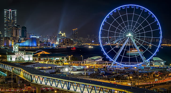 Night, bridge, lights, wheel, attraction, Ferris, Hong Kong, HD ...