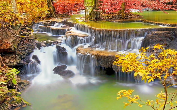 landscape nature colorful waterfall trees fall roots tropical thailand, HD wallpaper