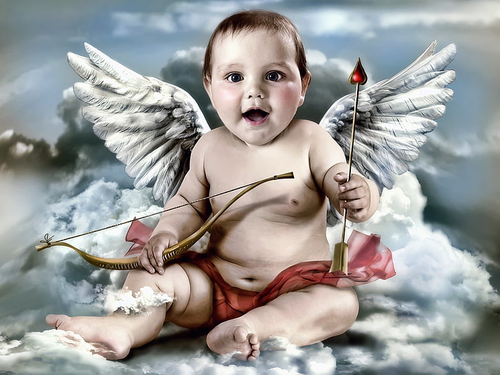 bambino con fiocco illustrazione, nuvole, ali, angelo, arco, freccia, Cupido, Sfondo HD