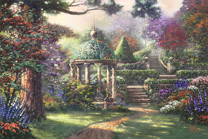 altana otoczona kwiatami malowanie, las, drzewa, pejzaż, kwiaty, malarstwo, Thomas Kinkade, Altana Modlitwy, altana, Tapety HD