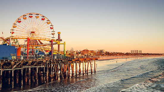 Santa Monica Pier, Welle, Strand, der Himmel, Sonnenuntergang, Menschen, CA, Riesenrad, Los Angeles, USA, Santa Monica Pier, HD-Hintergrundbild HD wallpaper