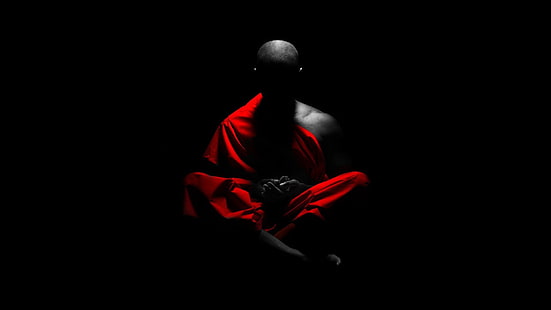 медитация, монахи, чёрный фон, выборочная окраска, HD обои HD wallpaper