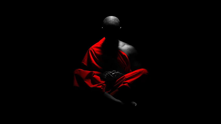 Ilustración de monje, coloración selectiva, meditación, monjes, fondo negro, Fondo de pantalla HD