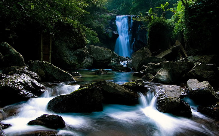 водопады с камнями, водопад, скалы, река, лес, мокрый, природа, длительная выдержка, HD обои