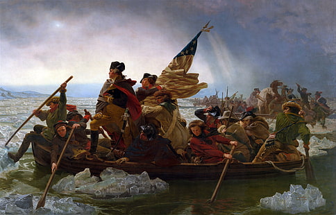 grafika, malarstwo, sztuka klasyczna, ludzie, mężczyźni, George Washington, rzeka, łódź, flaga amerykańska, armia, wojna, zima, wiosło, koń, armata, lód, USA, prezydenci, Tapety HD HD wallpaper
