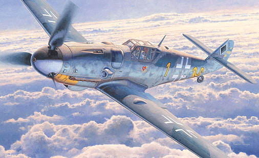 небето, облаци, фигура, боец, изкуство, Messerschmitt, немски, бутало, едномоторен, WW2, самолетът Ерик Алфред Хартман, Bf-109 G-6, HD тапет HD wallpaper