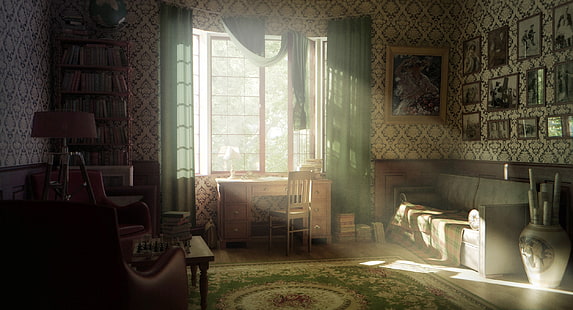 bedroom furniture set, old, room, interior, window, the sun's rays, render, HD wallpaper HD wallpaper