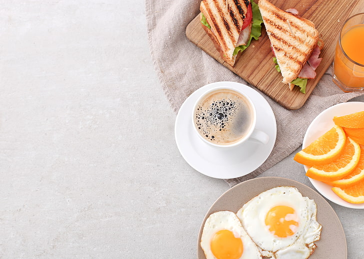 café, naranja, desayuno, huevos revueltos, tostadas, Fondo de pantalla HD