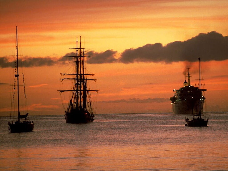 tramonto, nave, mare, nuvole, cielo rosso, Sfondo HD