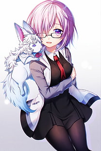 white background, Fate/Grand Order, Mashu Kyrielight, pantyhose, glasses, HD wallpaper HD wallpaper