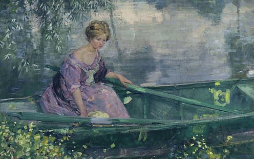  1912, A young girl in a boat, American painter, American artist, oil on canvas, Karl Albert Buehr, Carl Albert FYR, Young Girl in a Rowboat, Girl in a Boat, HD wallpaper HD wallpaper