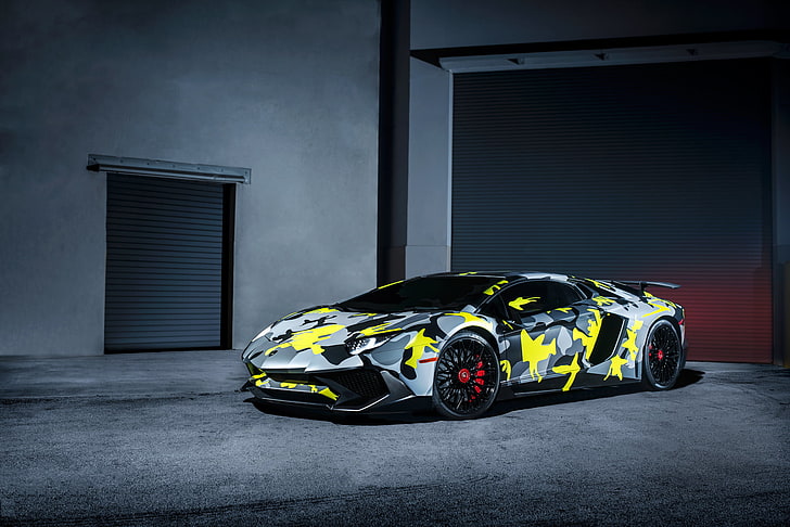 graues, schwarzes und gelbes Tarncoupé, Lamborghini, Aventador, LP-750-4, SV, HD-Hintergrundbild