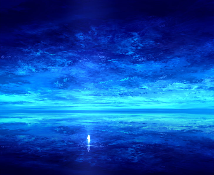 Anime, Original, Blue, Cloud, Landscape, Ocean, Reflection, Sky, HD wallpaper