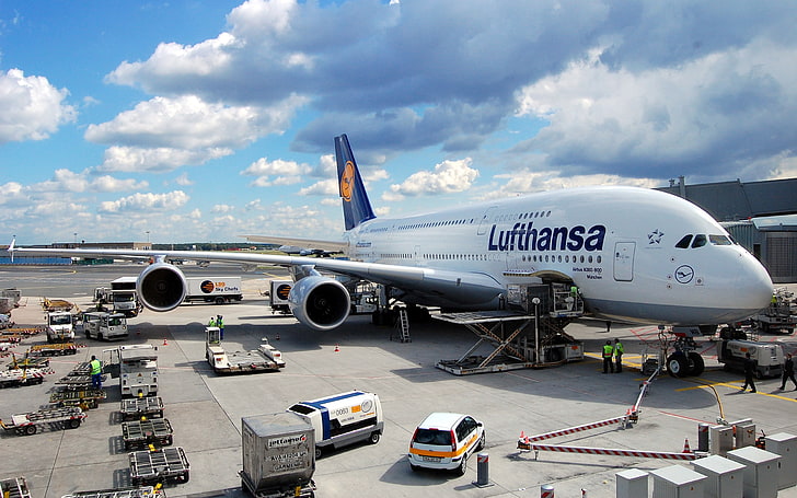 aircraft, airplane, A380, Airbus, Airbus A-380-861, airport, Lufthansa, HD wallpaper