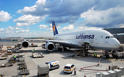 طائرة ، طائرة ، A380 ، إيرباص ، إيرباص A-380-861 ، مطار ، لوفتهانزا، خلفية HD HD wallpaper