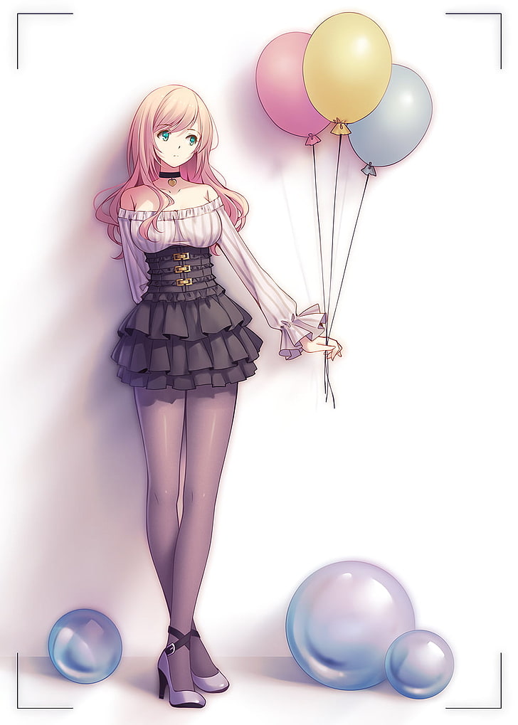 илюстрация на русокосо момиче, което държи балони, дълги крака, мини-рокля, чокър, зелени очи, балон, HD тапет, тапет за телефон