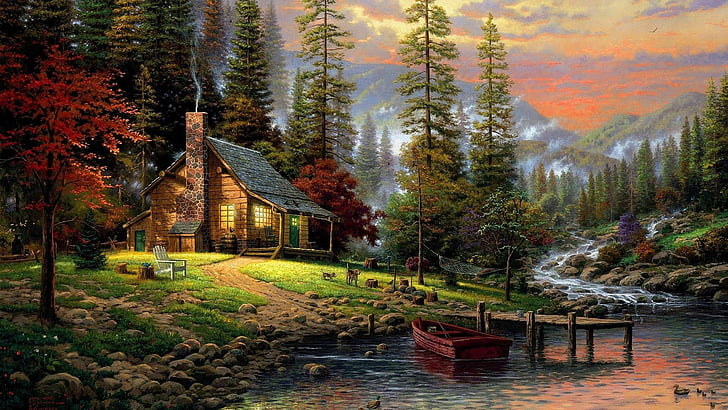 シャレー、絵画、家、松の木、森、湖、ボート、居心地の良い、居心地の良い、ロマンチックな、山、桟橋、自然、絵画芸術、 HDデスクトップの壁紙