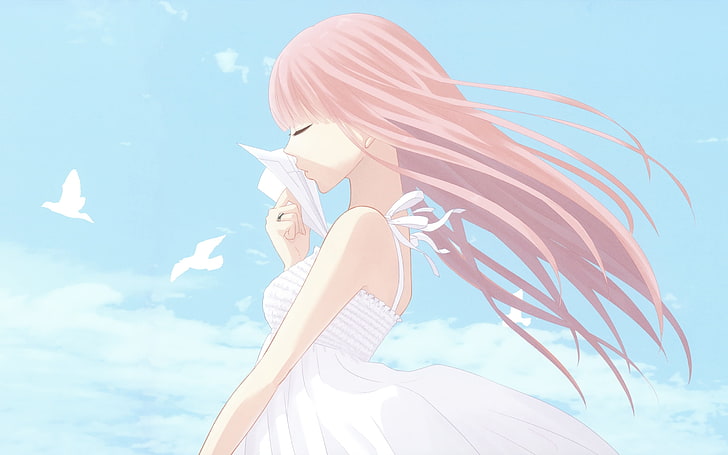 женщина с розовыми волосами, иллюстрация, небо, девушка, облака, птицы, мысли, вокалоид, оригами, HD обои