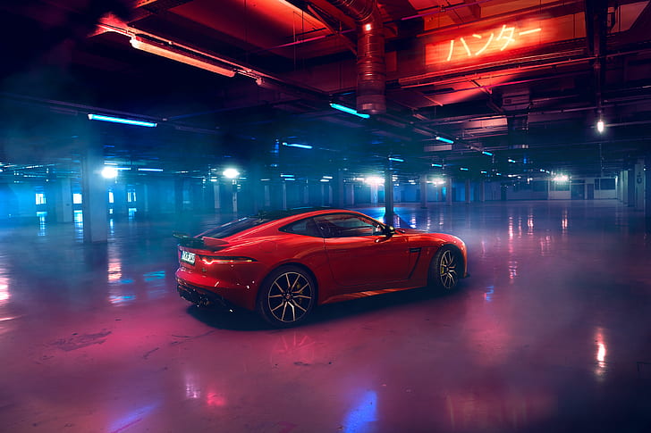 Jaguar F-Type, Jaguar, mobil, mobil merah, lampu neon, mobil mewah, tempat parkir, parkir, Wallpaper HD