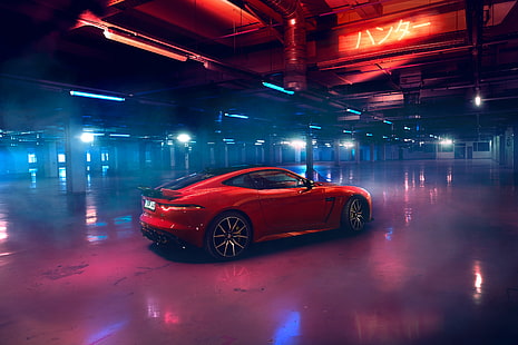 Jaguar F-Type, Jaguar, mobil, mobil merah, lampu neon, mobil mewah, tempat parkir, parkir, Wallpaper HD HD wallpaper