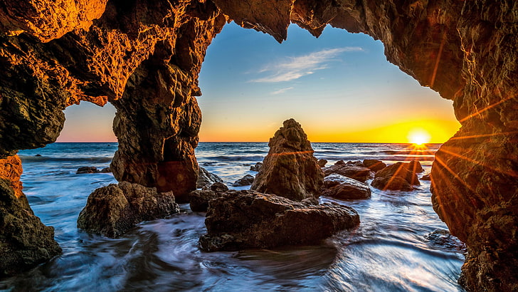 естествена арка, Malibu, Калифорния, плаж Malibu, Съединени щати, El Matador State Beach, епос, морски пещера Malibu, океан, небе, крайбрежие, крайбрежие, 5k, скална формация, морска пещера, море, скала, вода, 5k uhd, пещера , риф, HD тапет