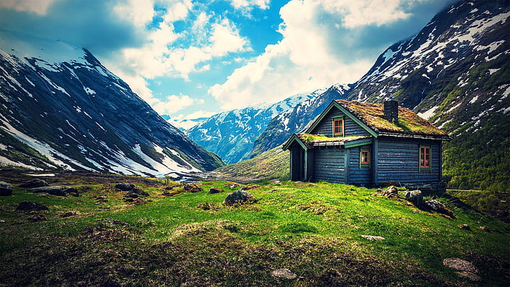 Kleines Holzhaus auf Berg, klein, Berg, Haus, Holz, Natur und Landschaft, HD-Hintergrundbild