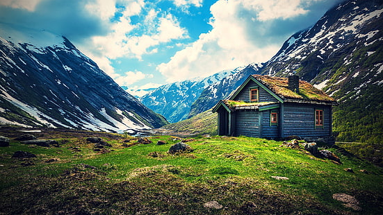 Kleines Holzhaus auf Berg, klein, Berg, Haus, Holz, Natur und Landschaft, HD-Hintergrundbild HD wallpaper