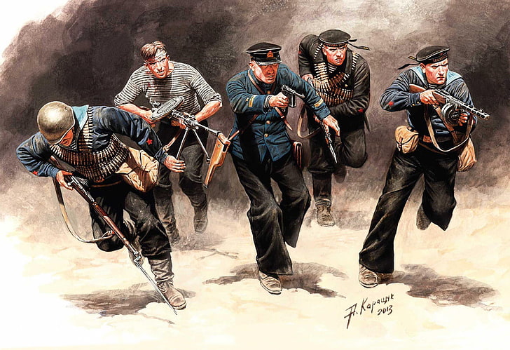 beş asker boyama, sanat, asker, SSCB, savaş, deniz, İkinci Dünya Savaşı, piyade, 2. Dünya Savaşı, A. Karashchuk., siyah ceketler, htonik, HD masaüstü duvar kağıdı