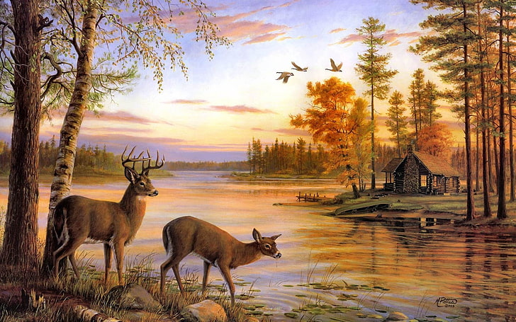 pinturas paisajes naturaleza bosque aves ciervos obra cabaña lagos 1920x1200 Animales Aves HD Arte, Paisajes, pinturas, Fondo de pantalla HD