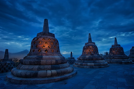 the sky, clouds, the evening, Indonesia, temple, architecture, twilight, blue, Java, Borobudur, HD wallpaper HD wallpaper