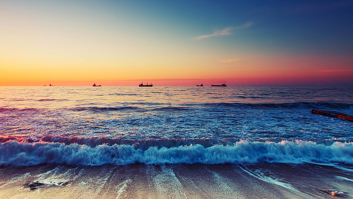 beach shore, beach, Sun, sunrise, sea, horizon, ship, HD wallpaper