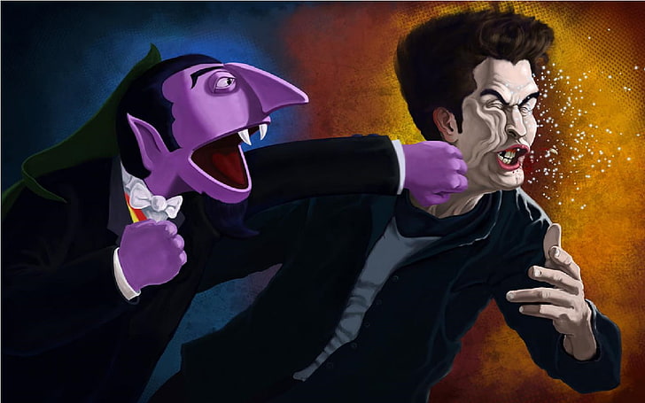 lila Monster und Mann in schwarzer Jacke digitale Tapete, Sesamstraße, Meme, The Twilight Saga: New Moon, dunkler Humor, HD-Hintergrundbild