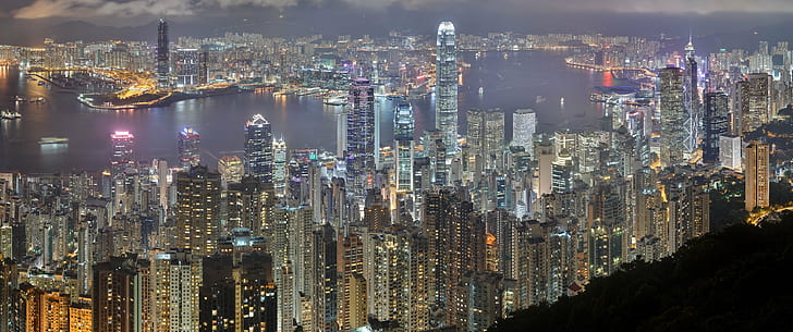 المدينة ، المنظر العالي ، هونغ كونغ ، الليل ، النهر، خلفية HD