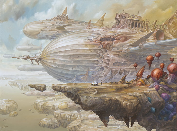 Jarosław Jaśnikowski, painting, airships, rigid airship, dreamy, steampunk, steampunk airship, surreal, sky, flying, dreamscape, fantasy art, fantasy ship, rocks, HD wallpaper