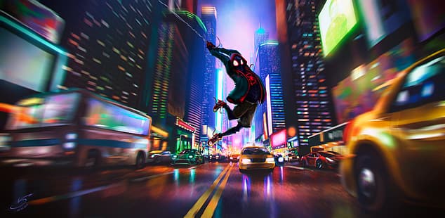 nello Spiderverse, Spider-Man, Miles Morales, città, taxi, autobus, strada, New York City, fumetti, Sony, Sfondo HD HD wallpaper
